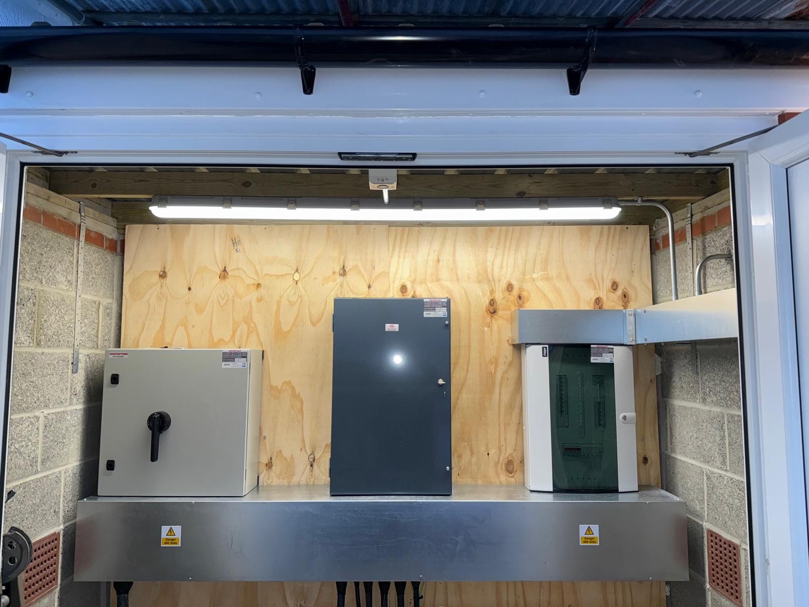 Well managed, refitied electrical box shed with lighting.